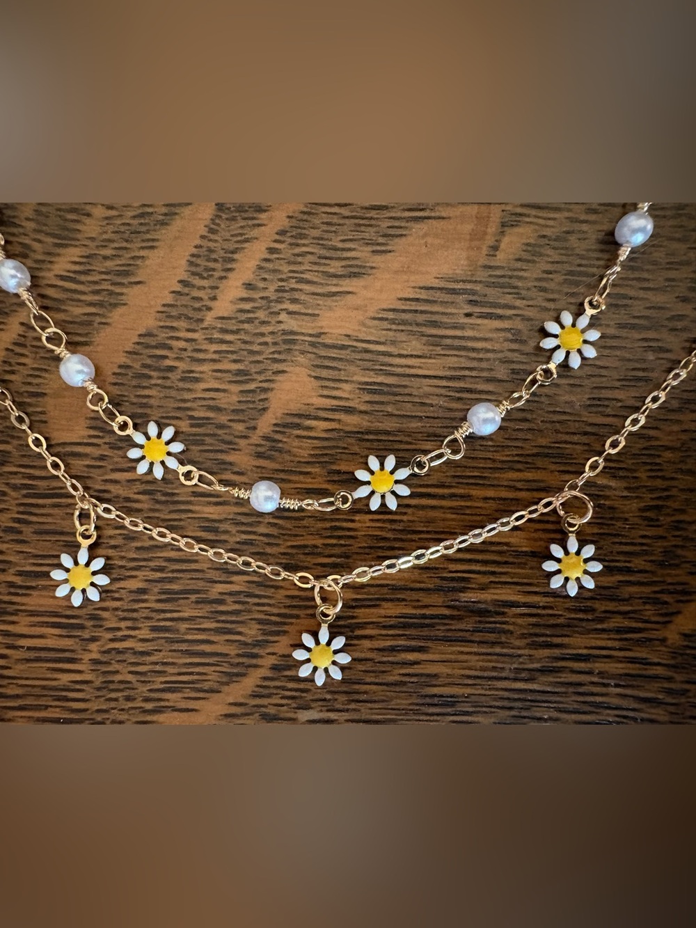 Gold Daisy Two Piece Ankle Bracelet Layered White and Yellow Enamel Daisies